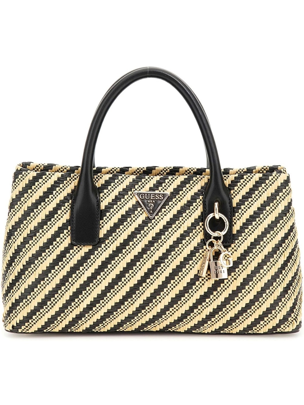 New GUESS Black and Natural Woven Satchel with Gold Charm